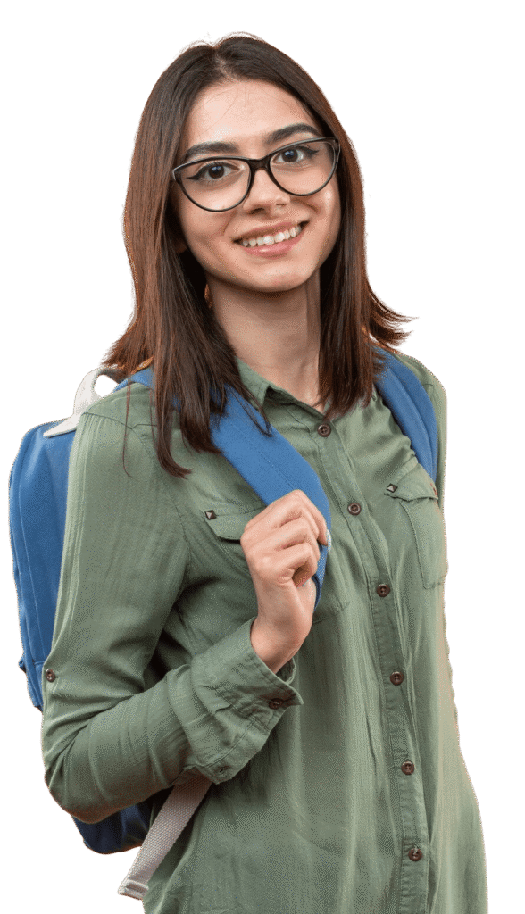 BSc Computing (GW) 24 smiling young school woman wearing backpack with glasses e1750240294237